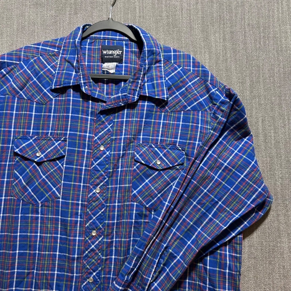 Wrangler Western Shirt Mens 2XL Blue Plaid Pearl Snap Long Sleeve Cowboy